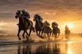 A diverse group of individuals enjoying a horseback ride together, Horse racing on the beach, AI Generated