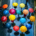 Generative AI. Group of People Holding Colorful Umbrellas in the Rain