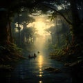 A group of people in a boat in a river surrounded by trees