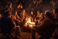 A diverse group of individuals sitting in a circle, enjoying a warm fire together, group of seniors gathered around a bonfire,