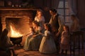 A diverse group of individuals standing and socializing around a warm and inviting fireplace, An illustration of a family