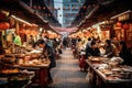 A diverse group of individuals standing together in a bustling market, Food market street in Beijing, China, AI Generated