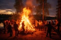 A diverse group of individuals standing together in a circle around a roaring bonfire during the nighttime, People dancing around