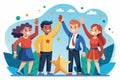 A diverse group of individuals standing together in a unified and cohesive manner, Teamwork high five Customizable Cartoon