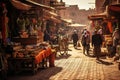 A diverse group of individuals walking together along the street next to a bustling market, A lively street market in Marrakech,