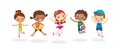 Diverse Group Of Kids Jumping isolated on white background, Happy Children with summer costume. cartoon illustration Royalty Free Stock Photo