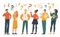 A diverse group of people ponder questions together, showcasing collaborative problem-solving and brainstorming