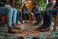 Diverse People Sitting In Circle On Colorful Rug In Community Group Therapy Session Royalty Free Stock Photo