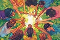 A diverse group of people standing in a circle, holding hands together in unity and solidarity. Generative AI Royalty Free Stock Photo