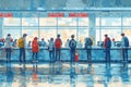 Diverse Group of People Waiting Patiently in Line at Airport Check-In Counter Royalty Free Stock Photo