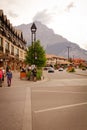 Diverse group of people walking down a bustling city street, Banff town, Alberta, Canada Royalty Free Stock Photo