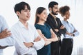 Diverse business people stand in line with cross arm gesture. Concord. Royalty Free Stock Photo