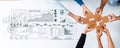 Collaborative Teamwork on a Business Strategy with Hands Joining Gears and Data Visualization Graphs in Modern Workspace Royalty Free Stock Photo