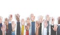 Diverse group of raised hands on white background Royalty Free Stock Photo