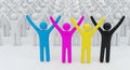 Diverse Group of Stylized Figures in CMYK Colors with Raised Arms diversity unity Royalty Free Stock Photo