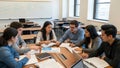 Diverse group of university students collaborating in a study session around a classroom table Royalty Free Stock Photo