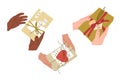 Diverse hand drawn hands with gift boxes