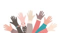 Diverse hand. People with different skin colors raising their hands. Vector friend community concept.