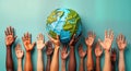 Diverse hands hold world map globe. People raise hands in unity. Global diversity celebrated with respect. Multiculturalism, Royalty Free Stock Photo