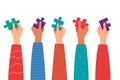 Diverse Hands Holding Colorful Jigsaw Puzzle Pieces Representing Teamwork, Collaboration, Unity, and Problem Solving Concept in Royalty Free Stock Photo