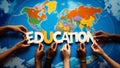 Diverse hands holding education concept on world map Royalty Free Stock Photo