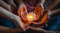 Diverse hands holding glowing flower, symbolizing unity among women Royalty Free Stock Photo