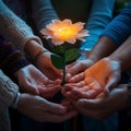 Diverse hands holding glowing flower, symbolizing unity among women Royalty Free Stock Photo