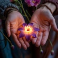 Diverse hands holding glowing flower, symbolizing unity among women Royalty Free Stock Photo