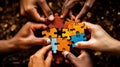 Diverse hands holding puzzle pieces that fit together to form a larger puzzle, depicting the idea that unique skills combine to