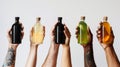 The diverse hands with bottled liquids.AI generated image Royalty Free Stock Photo