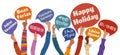 Global Seasonal Holiday Greetings with Diverse Hands Holding Multilingual Speech Bubbles Royalty Free Stock Photo