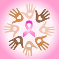 Diverse hands joining for breast cancer awareness