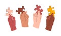 Diverse hands making puzzle vector illustration isolated