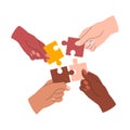 Diverse hands making puzzle vector illustration isolated