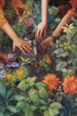 diverse hands planting seeds together in a garden