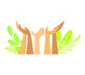 Diverse hands raised thumbs up agreement approval, leaves symbolize growth harmony. Unity support positive feedback eco