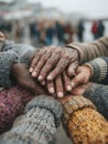 Diverse hands, some dirty and calloused, stacked together in circle, showcasing unity, mutual support, collaboration, social Royalty Free Stock Photo