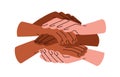 Diverse hands stack, pile of people group, international team, partners together. Unity, multi-ethnic partnership, trust Royalty Free Stock Photo