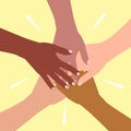 Diverse of hands are stacked on top of each other. Friendship and partnership concept, multiethnic union of people. Hands of Royalty Free Stock Photo