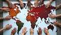 Diverse hands touch world map. Global collaboration shown. Volunteers working together. International development project Royalty Free Stock Photo