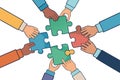 diverse hands working together in a circle to complete a puzzle representing collaboration and unity