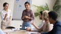 Diverse happy colleagues flip charts presentation new project in boardroom. Royalty Free Stock Photo