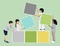 Diverse happy kids stacking empty square boards