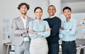 Diverse, happy and proud team of employees happy and smiling about business success at the office. Portrait of a female Royalty Free Stock Photo