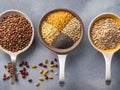 Diverse Harvest: Top View Spoon with Seeds, Row of Spoons with Grains.