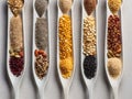 Diverse Harvest: Top View Spoon with Seeds, Row of Spoons with Grains.