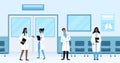 Diverse health doctors practitioners talking and standing in hallway while working in hospital vector illustration. Royalty Free Stock Photo