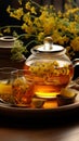 Diverse herbs grace tray teapot, floral tea, honey jar a fragrant, wholesome composition