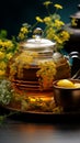 Diverse herbs grace tray teapot, floral tea, honey jar a fragrant, wholesome composition