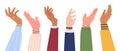 Diverse human hands. Cartoon arms with different skin colours, male and female hands raised up. Hands gestures flat vector